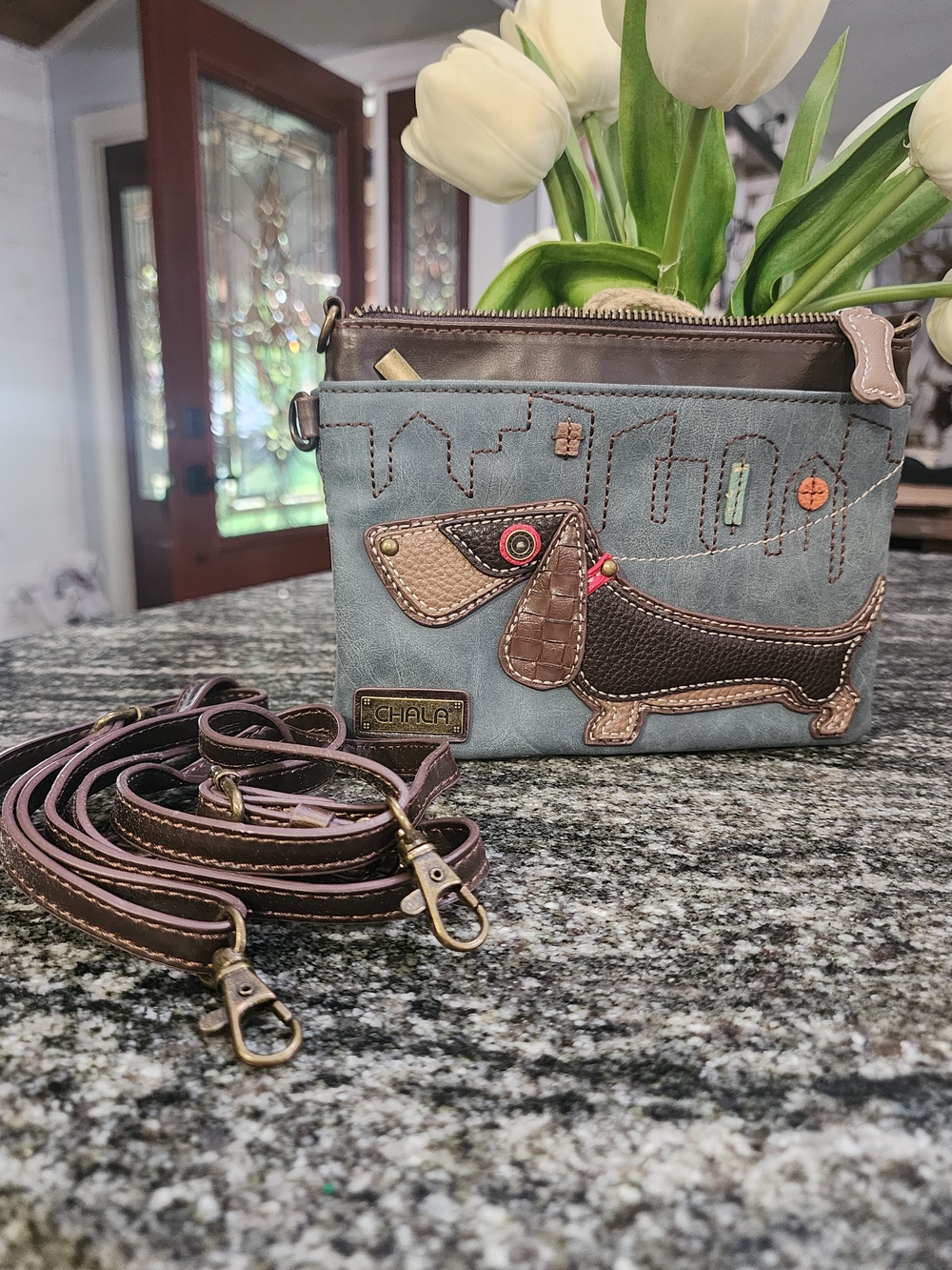 Chala Dachshund Crossbody Bag in Light Blue and Brown
